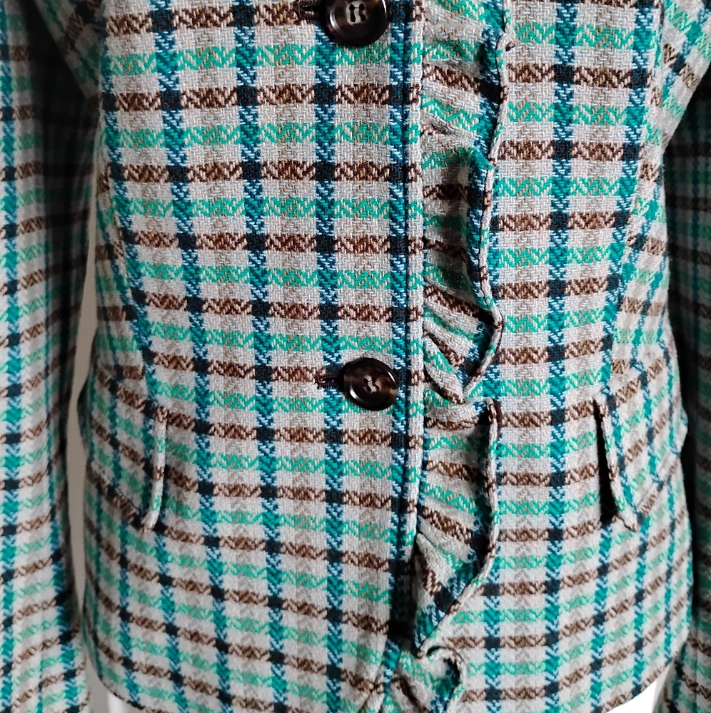Talbots 100% Wool Ruffle Plaid Jacket Blazer Turquoise Blue Brown Classic Sz 12 - Picture 3 of 16